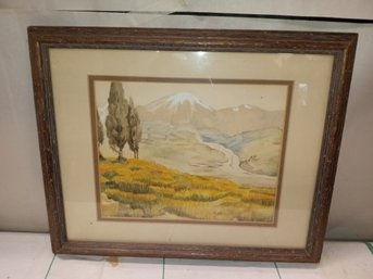 Beautiful Antique Framed Watercolor Double Matted Of River Flowing Through The Mountains.     WA
