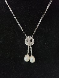 Pretty Pearl Drop Love Knot Necklace With Rhinestones And Rhodium Plated Silver