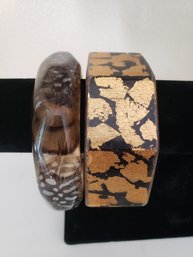 Gold Leaf & Black Bracelet Paired With Brown Feather Acrylic Bracelet