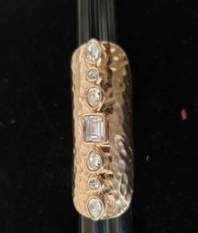 Long Hammered Gold Tone Ring With Rhinestones