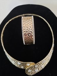Hammered Gold Tone Bracelet And Necklace With Rhinestones