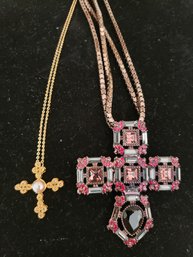 Gold Tone Cross / Pearl,  With 14ky Vermeil & Sterling Silver Chain, Topaz Colored Stones Necklace