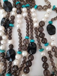 Double Strand Amoky Quartz, Turquoise And Agate Matching Necklace And Bracelet