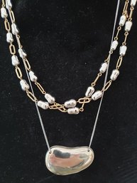 Silver Tone Kidney Shaped Necklace And Pear Shaped Gold & Silver Tone Necklace
