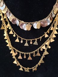 Modern Napier Gold And Silver Tone Coin Necklace Pair With Multi-Strand Gold Triangle Necklace
