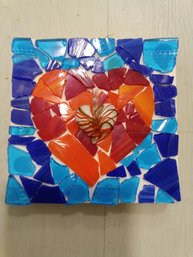 Contemporary Signed? Heart Glass Mosaic On Canvas