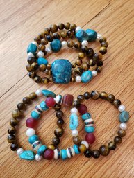 Tiger Eye, Pearl And Turquoise Three Strand Elastic Bracelet Paired With Two Single & Red Bead With Turquoise