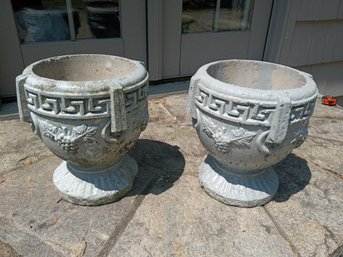 Heavily Detailed Vintage Pair Of Outdoor Cement Planters  - So Much Design!