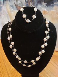 Two Coin Pearl Nd Onyx Necklaces With Sterling Silver Clasps Paired With Matching Braclet