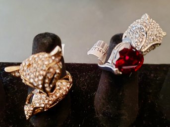 Pave Faux Diamond Fox Ring Paired With Leopard Ring With Red Glass - When You Just Need Some More Bling