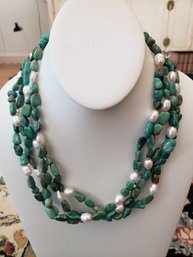 Turquoise And Pearl Multi-Strand Necklace With Sterling Clasp