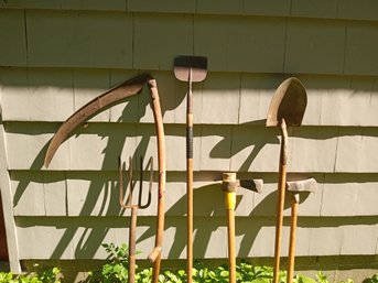 Nice Assortment Of Yard Tools- Sickle, Pitch Fork , Shovel, Ice Pick, 2 Axes