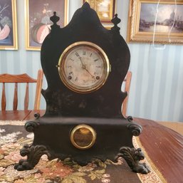 Antique Iron Shelf Mantle Clock With Pendulum & Key. It Works & Chimes Lovingly!