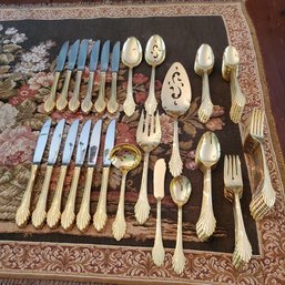 Gold Colored Flatware 67- Pieces, 8 Pounds, With Fan Handles. Electroplate Stainless Steel Service For 12