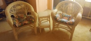 Lovely Pair Of Wicker Chairs And Small Square Wicker Table With Glass Top