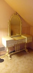 Beautiful Antique Vanity Finished In Antique White With Lovely Detailed Carving
