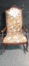 Beautiful Antique Rocking Chair Nice Carvings And Lovely Vintage Floral Fabric. CV