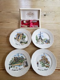 Porcelain Appetizer Plates By Revol With Scenes Of Paris Paired & Blue / White Cloisonne Spoon And Knife Set