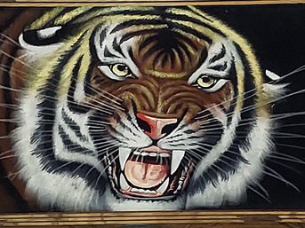 Black Velvet Tiger Painting Face Head Eyes 20x11 Framed Vintage Wall Art