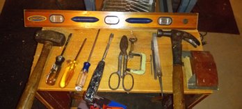 Assorted Vintage Tools, Hammers , Screw Drivers, Wood And Brass Level, Sanding Block , Hand Sheet Metal Cutter