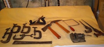 Great Assortment Of Vintage Hand Tools, Clamps, Hatchet, Hammer, Bench Vise, Hand Saws, Wood Planer