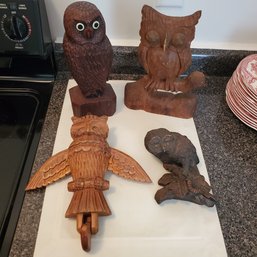 4 Vintage Hand Carved Solid Wood Owl Decorations