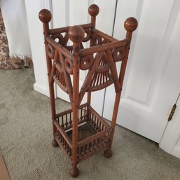 Antique Victorian Oak Stick & Ball Umbrella & Cane Stand With Original Brass Drip Tray