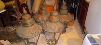 Four (4) Stunning Antique Copper Outdoor Lanterns With Lovely Glass Panes. 37' Tall