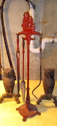 Nice Antique Fireplace Tools - Red Tall Sail Ship Design & 2 Owl Form Andiron Fronts