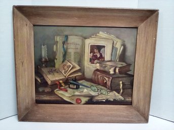 Vintage Artist Signed Framed Oil Painting Shows Still Life Of Desk Top In Antique Setting   MELBA/WA-B