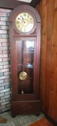 Beautiful Antique Pendulum Controlled Grandfather Clock With Nice Oak Cabinet