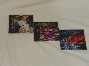 Tattoo Skulls Heart Koi Geisha Ed Hardy Christian Audigier Glass Coasters 4'