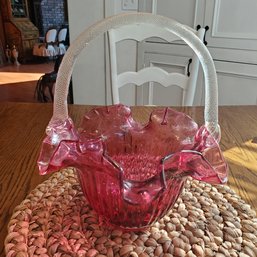 Vintage Ruffled Edge Cranberry Fruit & Candy Basket With Clear Swirl Handle