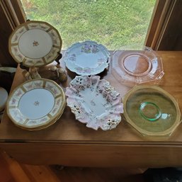 Lot Of Nine Decorative Plates ( China & Depression Glass ) & Two Sets Of S & P Shakers