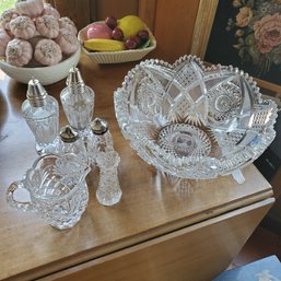 Crystal And Cut Glass Lot - Fruit Bowl, Two S & P Shakers, Creamer And Toothpick Holder