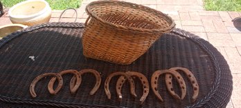 7 Nice Vintage Horseshoes & Wicker Basket