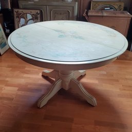 Lovely & Sturdy Wood Kitchen Pedestal Table - Hand Painted Leaf & Scrolls 4 Foot Diameter Top