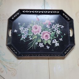 Vintage Hand Painted Metal Pierced Gallery Tole Serving Tray