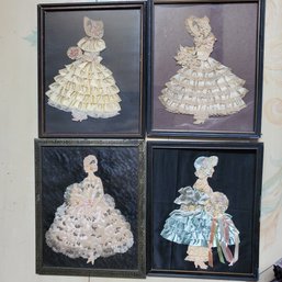 Four Dainty Antique Ribbon & Silk Art Dressed Paper Dolls