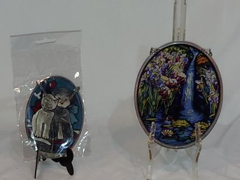 Vintage GLASSMASTERS 1989 LOUIS C TIFFANY STAINED GLASS SUNCATCHER Waterfall Precious Cat And Dog