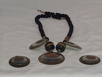 Vintage Copper Brass Silver Circles Necklace And Earrings