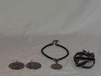 Metal Pendant Necklace W/Leather Straps,Seed Bead Cuff And Large Zebra Pattern Earring Bracelet Silver & Black