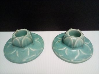 Rookwood Art Pottery Lily Pad Candle Sticks Pair # 2311 - Made In Cincinnati, Ohio In 1922