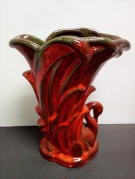 1967 McCoy USA #274 MCM Art Pottery Swan Vase 9.25' Tall -Red/Green Flamb Glaze         MB / C4