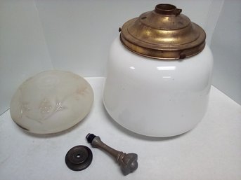 Vintage Lamp Parts - Large Brass & Glass Lamp Cover, Glass Cover With Relief Pattern & Hardware BoH/CVBK