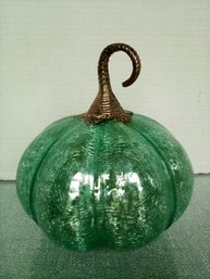 Glass & Metal Light Up Tabletop Pumpkin In Green Crackle Style