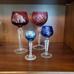 4 Vintage Bavarian Cut To Clear Ruby Red, Blues & Cranberry Wine Glasses