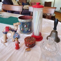 8- Item Treasure Lot- Brass School Bell, A Trinket Bowl And Heart Lid , Wood Box, Leather Camel