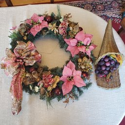 Decorative Year Round Wreath With Cherubs & Ribbons Plus A Cornucopia With Fruit