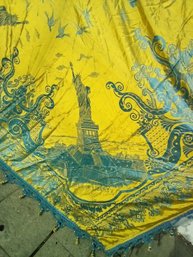 Vintage Italian Made Blue & Yellow Colored Satiny 90 X 92 Inch Cloth With Statue Of Liberty Image     MolS/E1